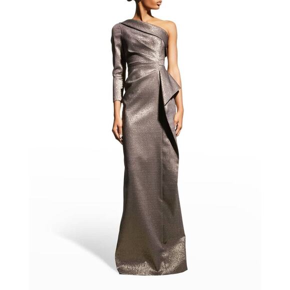 Rickie Freeman Teri Jon Bronze One Shoulder Jacquard Peplum Formal Gown 16 - Picture 3 of 13